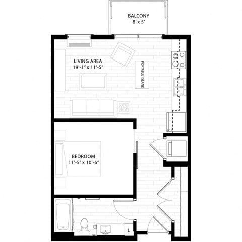 Floor plan for 1 bed, 1 bath, 592 sqft